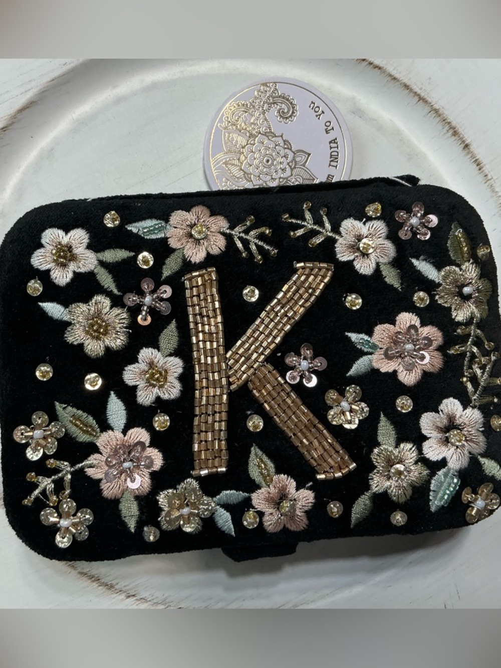 Handmade India Black Velvet Floral Beaded jewelry box